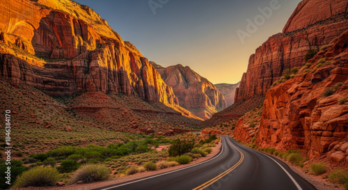 Desert Canyon Road Illustration – Paved Route Through Red Rock Formations at Sunset with Warm Lighting