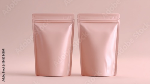 Two standing, blush-colored pouches, presented against a similarly colored background