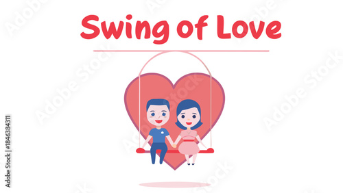 A romantic couple sits together on a heart shaped swing in a playful and loving scene