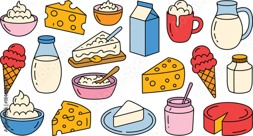 A comprehensive colorful hand-drawn outline vector set of dairy and cheese products, including milk, cream, ice cream cones, cheese wedges, and wheels, perfect for food and grocery graphics.