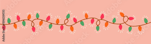 Garland, Christmas lights, horizontal banner. Xmas and New Year holiday decoration in retro style. Seasonal ornament, glowing lightbulbs, decor. Electric festive string. Flat vector illustration