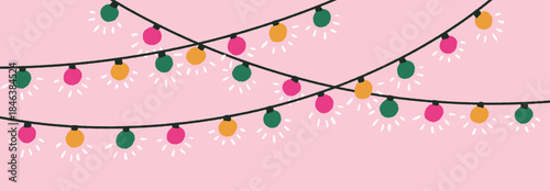 Christmas light bulbs, garlands hanging on strings, banner. Retro style electric decoration, lightbulbs. Xmas and New Year holiday adornment, festive illumination, ornament. Flat vector illustration
