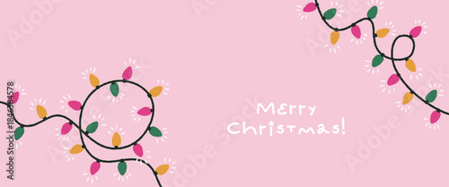Merry Christmas banner. Festive seasonal background, Xmas and New Year. Winter holiday card with light garland decoration, lightbulb strings, greeting phrase, typography Flat vector illustration