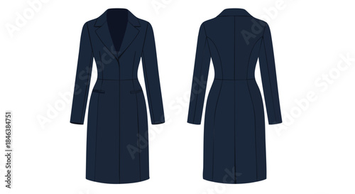 Elegant Navy Overcoat Depiction: A Fashionable Statement in Front and Back Views on Plain White Surface