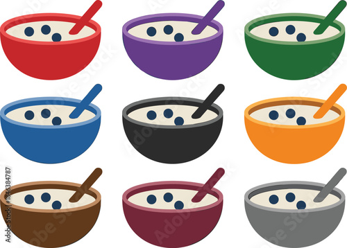 A vector set of nine colorful flat illustration bowls filled with cereal, porridge, or oatmeal and blueberries, perfect food icons for breakfast, healthy eating, and simple graphic design.