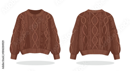 Detailed digital illustration showcasing a brown knitted sweater, front and back views, perfect for fashion and apparel presentations