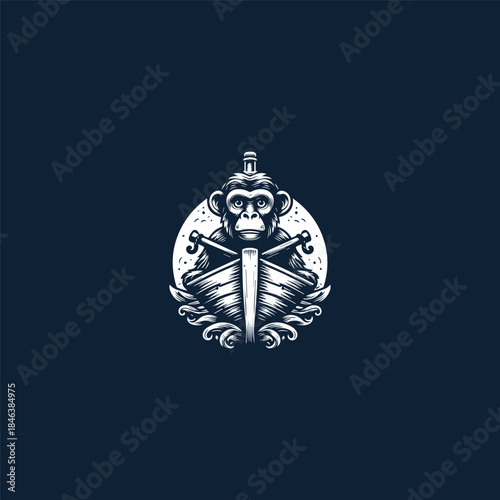 Monkey boat logo style icon design template vector illustration