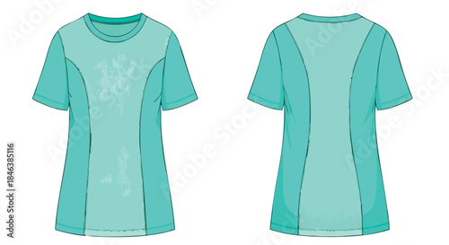 Turquoise technical sketch showcasing a versatile, short sleeve t-shirt design from both front and back perspectives perfect for catalogs and
