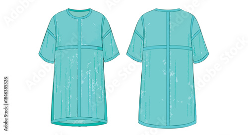 Turquoise Oversized Tunic Illustration: Detailed Front and Back Views Showcase Style and Design Technical Apparel Flat Sketch