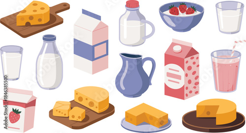 A colorful isometric vector set of fresh dairy products, featuring milk cartons, bottles, glasses, various cheeses, and a strawberry smoothie, perfect for food and grocery graphics.