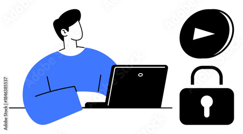 Online security, digital media, data protection, streaming, content access, remote work. Person using a laptop next to a play button and lock symbol. Online security and digital media concepts