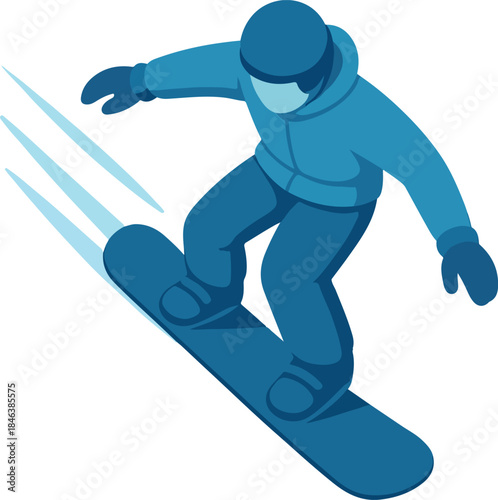 Snowboarder in Blue Gear on White Background snowboarding