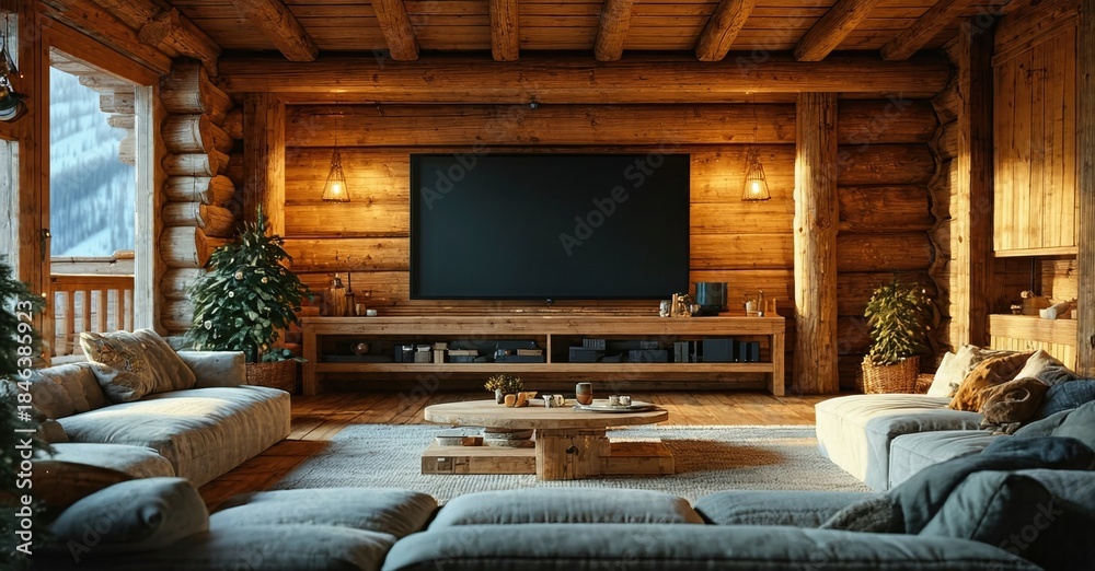 Naklejka premium Cozy living room interior. Rustic wood walls, comfortable seating, warm lighting create inviting space. Television dominates focal point.