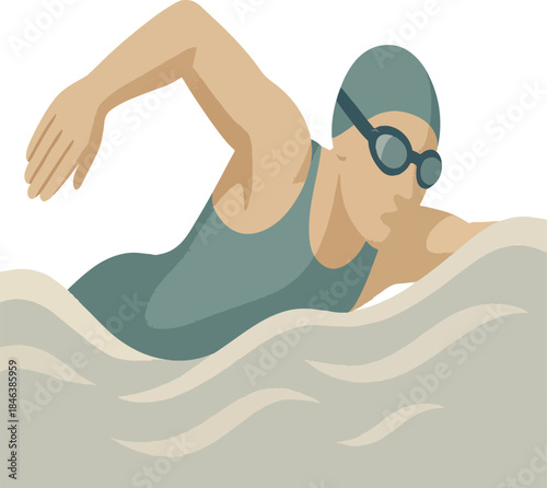Swimmer in grey swimsuit and goggles swimming freestyle