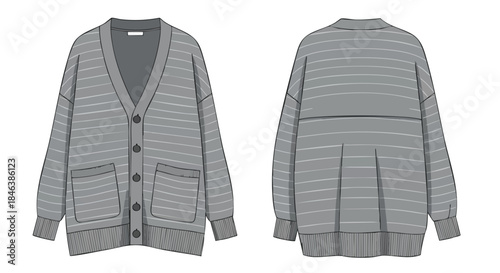 Fashionable cardigan illustration showcasing front and back design with a v-neck and pocket details in sophisticated gray tones