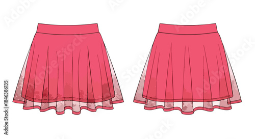Two digitally illustrated strawberry pink skirts, one with a translucent tulle layer at the hem, showcase fashion design principles that could