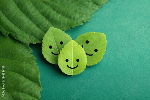 Three Cheerful Leaves with Smiling Faces on a Green Background Symbolizing Joy and Happiness