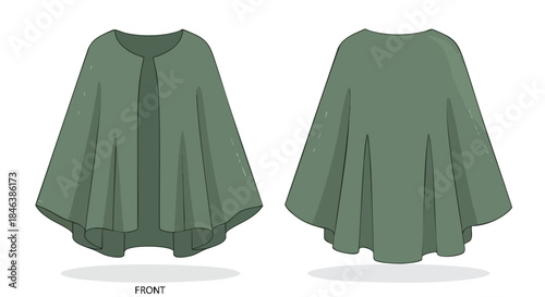 Fashionable sage green cape with a front opening, presented from both front and back views illustrating its elegant drape and style
