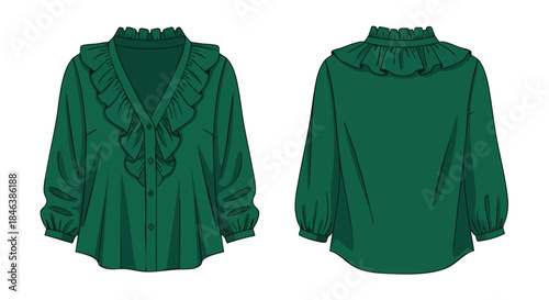 Emerald Green Blouse Illustration with Ruffle Accents Front and Back Views for Fashion Design Presentation