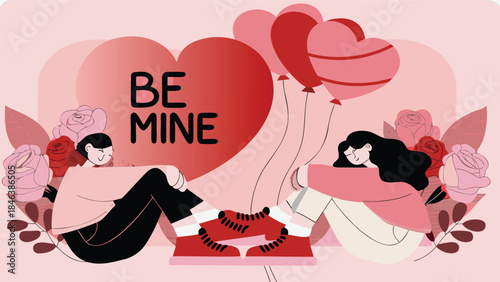 A cute cartoon couple hugs in front of a giant floating heart with be mine text surrounded by pink roses and balloons on a soft pink