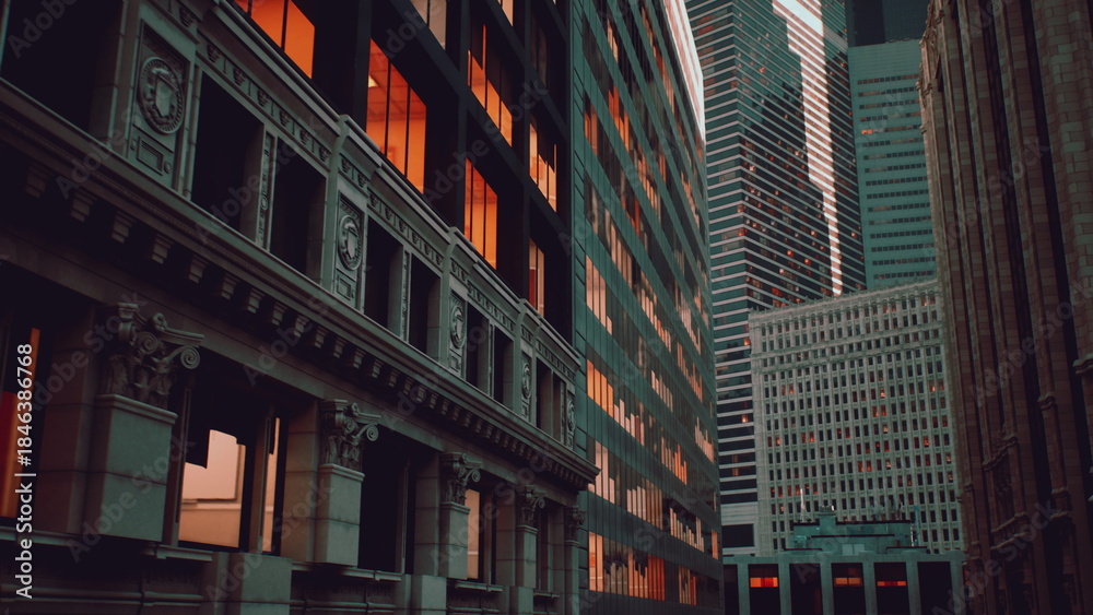 Fototapeta premium Bright orange light reflects off modern glass buildings at sunset, creating a stunning contrast with the historical architecture nearby. The scene captures the vibrant energy of the city.