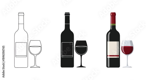 Wine bottle and glass icon set - Line and glyph solid icon set - Solid icons vector collection - Blue icon set - Icon vector - Flat Design Icon