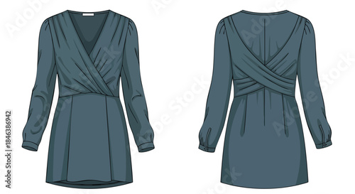 Illustration of a blue dress with a V-neckline and long sleeves design for fashion designers and digital catalog content creation and style guides