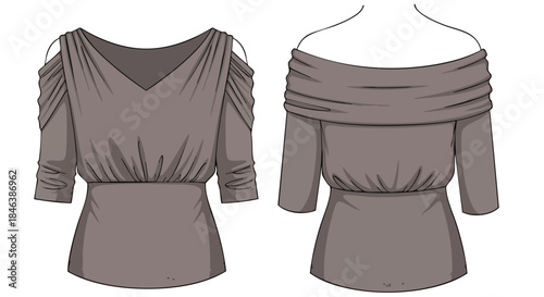 Sophisticated taupe top showcasing design details like cold shoulders and gathered details offering a modern and fashionable aesthetic