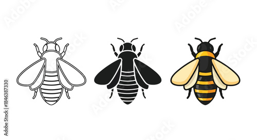 Bee icon set - Line and glyph solid icon set - Solid icons vector collection - Blue icon set - Icon vector - Flat Design Icon