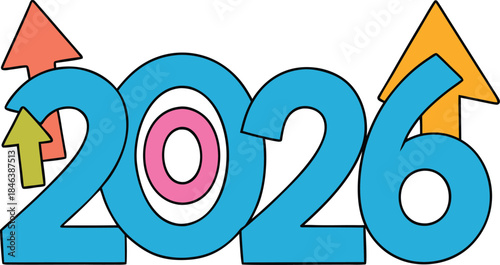 2026 formed by small upward arrows, minimal outlined vector design, futuristic numbers, growth and progress concept, abstract arrow pattern, business success, digital strategy, modern illustration