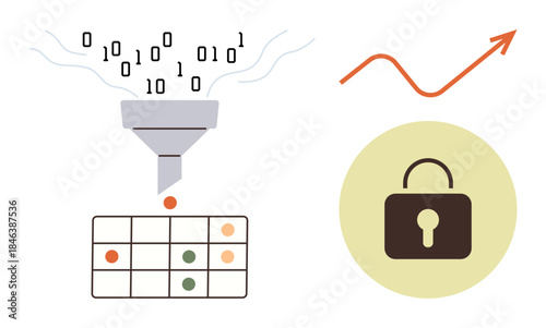 Binary data enters a funnel, visualized with grid output, coupled with a growth chart and a lock icon. Ideal for data analysis, security, machine learning, data protection, encryption, insights