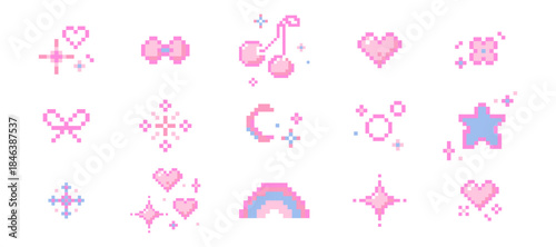 Set cute pixel elements, girly stars, bows, heart. Spring flowers and cherry rainbow y2k retro game 8 bit icons. Pixel collection.