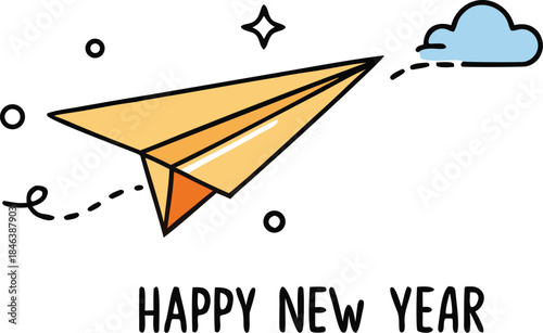 Cute paper plane icons flying around Happy New Year, playful aviation symbols, holiday greeting graphics, minimalistic origami airplanes, cheerful festive design for New Year celebration