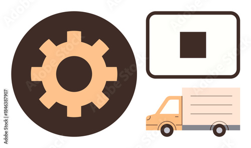 Gear representing processes, delivery truck, and package symbol highlight logistics, shipping, and transportation. Ideal for supply chain, e-commerce, distribution, business operations management