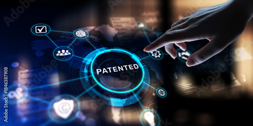 Patented Protecting Intellectual Property and Innovation, projection on a virtual screen, Business and Technology Concept.