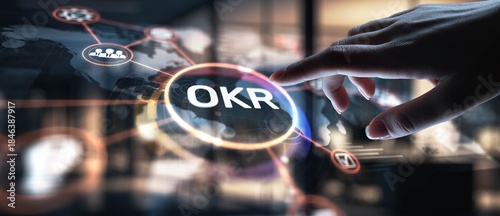 Tableau sur toile OKR Objectives and Key Results for Performance Management, projection on a virtual screen, Business and Technology Concept