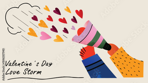 Valentine's day love storm with colorful hearts scattering into air from megaphone