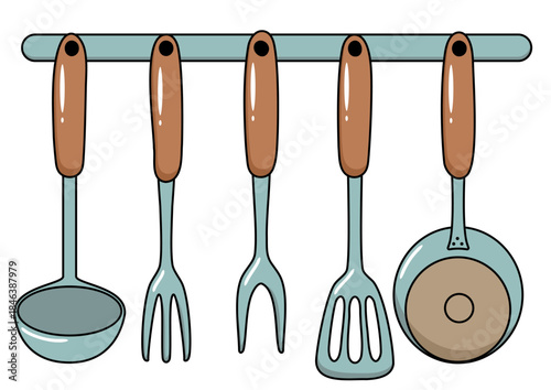 Kitchen utensil set. Ladle, slotted spoon, kitchen forks, small frying pan. Cooking tools collection for home use. Food preparation illustration elements.