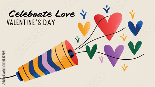 Colorful hearts spinning into air from balloon on valentine's day celebration background