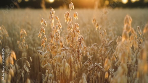 Vibrant golden field of ripe oats swaying gently under the warm embrace of the setting sun, symbolizing growth and natural beauty