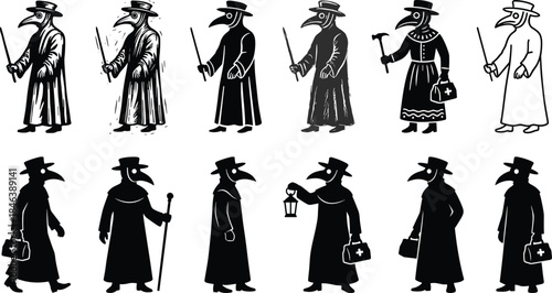 Plague doctor silhouette set, medieval medical masks spooky gothic halloween illustration collection