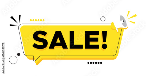 Sale! Discount Promotion Speech Bubble Banner with Megaphone. Retail Store Clearance Tag Template with Yellow Dialog Box. Special Offer Marketing Announcement Vector Design