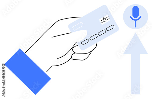 Digital payments, voice recognition, online shopping, modern transactions, contactless purchases, banking solutions. A hand holds a credit card near a microphone icon. Digital payments and voice
