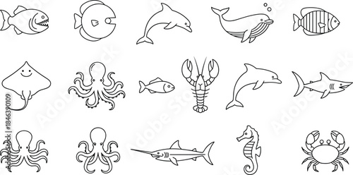 Sea animal and marine life line icons, fish, whale, dolphin, octopus and crab, vector collection, ocean outline symbols set.