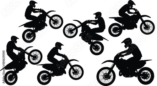 Motocross Riders Silhouette Vector Set Dirt Bike Jump Action Stunt Extreme Sport Motorcycle Racer Collection Black and White Graphic Off-Road Competition Adrenaline Thrill