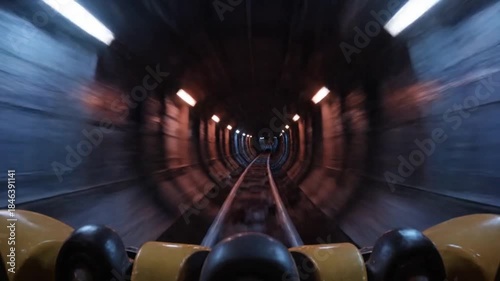 Videos of roller coasters speeding through a dark tunnel with suitable cinematic lighting and a sense of thrill, captured in a fast-motion shot with a blurred background and vibrant colors.
