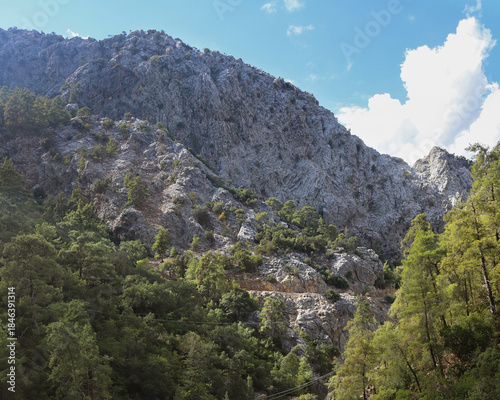 Dramatic limestone mountains in Goynuk canyon, Turkey. Rocky cliffs with pine forests.