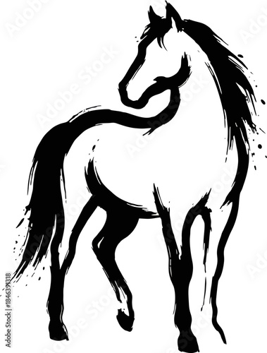 Horse Looking Back Silhouette Ink Brush Style. Elegant Black Calligraphy Vector Animal for Year of the Horse 2026