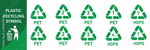 Plastic recycles icons collection. Recycle plastic vector set in triangular shape. Icon set of hdpe, pp, pet, ldpe and pvc. Ecological recycling codes. Flat style. Vector illustration