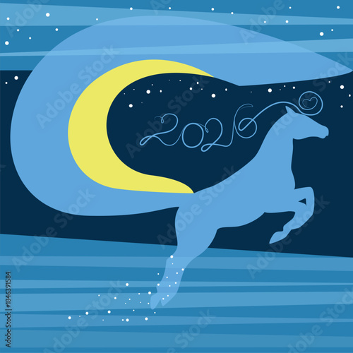 New Year's card: against the backdrop of a starry night, the silhouette of the Chinese symbol of the year - a horse with a mane in the shape of a heart and the number 2026, and a tail forming a moon.